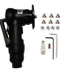 Front view of Mulcort pneumatic chamfering tool, black handheld grinder with 6 carbide C-blades for metal beveling