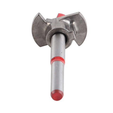 Pocket hole drill jig for wood with metal body and red-tipped guide rod