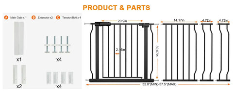 Diagram of Extra Wide Baby Gate For Stairs And Doorways With Pressure Mount, Walk Through Swing Door, adjustable parts dimensions