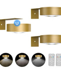 Three Pack Wireless Battery Operated Picture Lights With Remote And Timer For Art Frames No Sweat Install Killer Glow Smooth Dimming In Gold Finish, showcasing remote and three lighting modes.