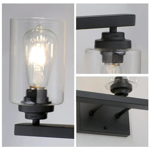 Industrial Matte Black 3 Light Bathroom Vanity Sconce Set Dope Modern Wall Lighting with clear glass shades detail view