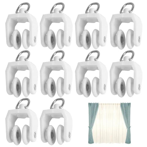 Fifty Piece Heavy Duty Ceiling Curtain Track Rollers With Flexible Bendable Clips for smooth sliding, featuring white double wheel sliders.