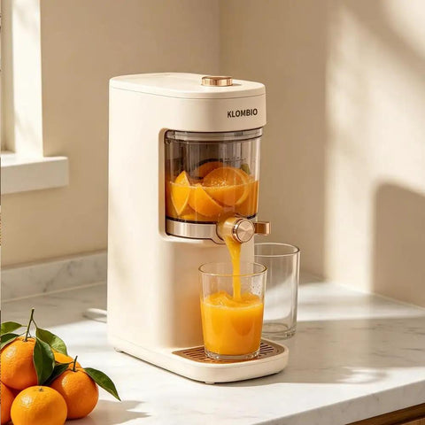 Awesome Electric Juicer With Wide Feed Chute For Maximum Juice Extraction, extracting fresh orange juice on countertop.