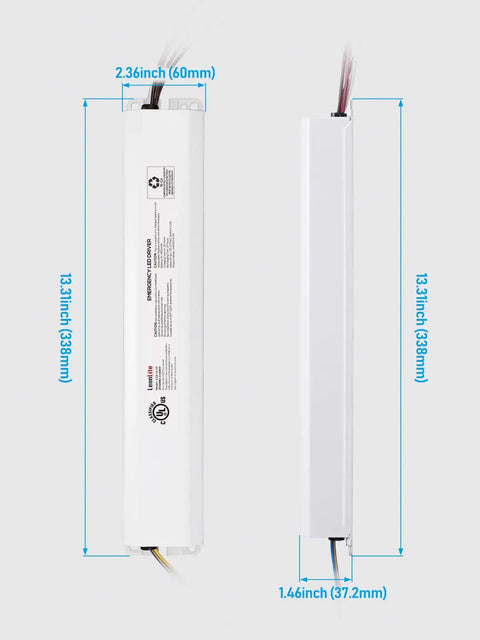 8.5W LED Emergency Driver with Rechargeable Backup Battery, 120-277VAC Input, 3 To 60V DC Output, dimensions shown