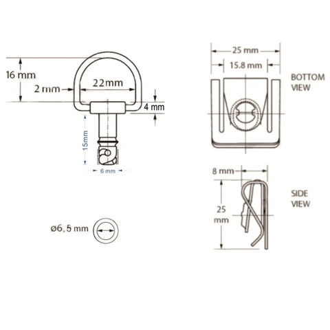 Technical drawing of Quick Release One Quarter Turn DZUS Style Motorcycle Fairing Fasteners With Fifteen Millimeter D Ring Pins Race Ready Two Pack Black And Silver ABS Friendly For Easy Removal And Reinstallation
