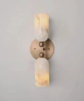 Alabaster Wall Sconce Lighting, Brass Wall Light Fixture with Natural Stone Shade, double cylinder lamp on wall.