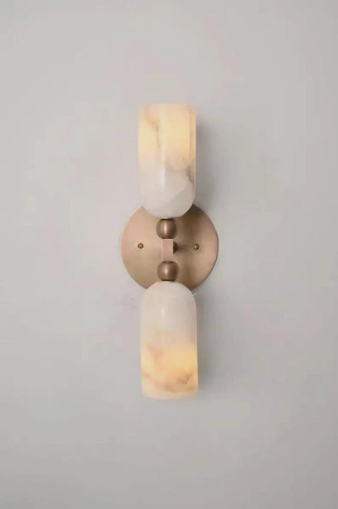 Alabaster Wall Sconce Lighting, Brass Wall Light Fixture with Natural Stone Shade, double cylinder lamp on wall.