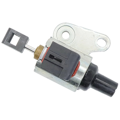 CVT transmission stepper motor shown in side view; black plastic housing with metal mounting bracket.