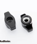 Two black 5/16-18 wing knobs with steel inserts for T track bolts, ideal for woodworking jigs and fixtures.