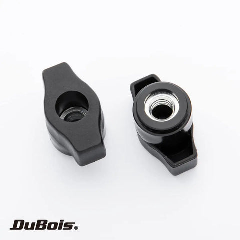 Two black 5/16-18 wing knobs with steel inserts for T track bolts, ideal for woodworking jigs and fixtures.