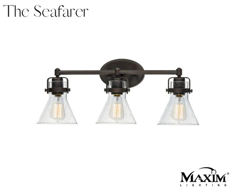 Seafarer 3 Light Bath Vanity Light In Oil Rubbed Bronze Steel Finish With Seeded Glass Shades Industrial Indoor Fixture