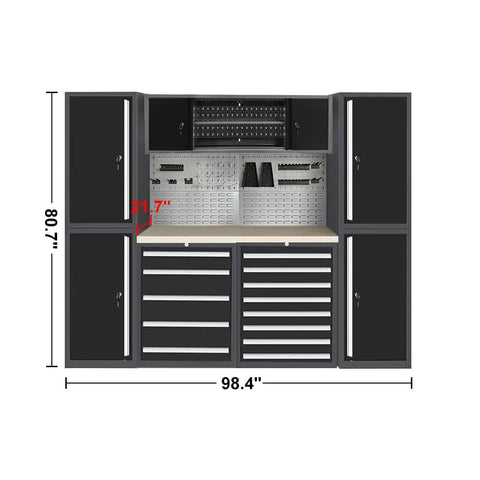 Hardcore Heavy Duty Workbench Cabinet Set With Overhead Storage Steel Pegboards Multi Hook Panels Freestanding Metal Lockers Badass Garage Tool Organization Rig with dimensions 98.4" x 80.7".
