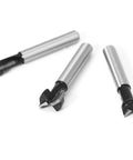 Heavy Duty Three Piece Keyhole Router Bit Set With Rugged Quarter Inch Shank Corrosion Resistant Coating, carbide cutters.