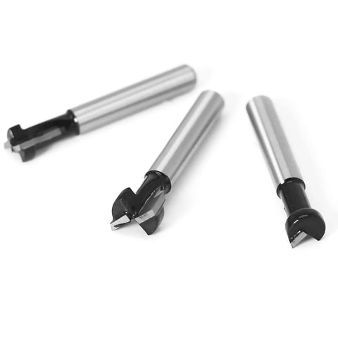 Heavy Duty Three Piece Keyhole Router Bit Set With Rugged Quarter Inch Shank Corrosion Resistant Coating, carbide cutters.