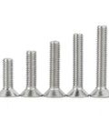 Assorted M6 flat head socket cap screws, 20-40mm, SS304, DIN 7991, shown in increment sizes for DIY projects and mechanical fixes.