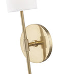 Close-up of Olivia Wall Sconce in aged brass, 4.75 inch wide by 18.75 inch high, modern rustic lighting fixture