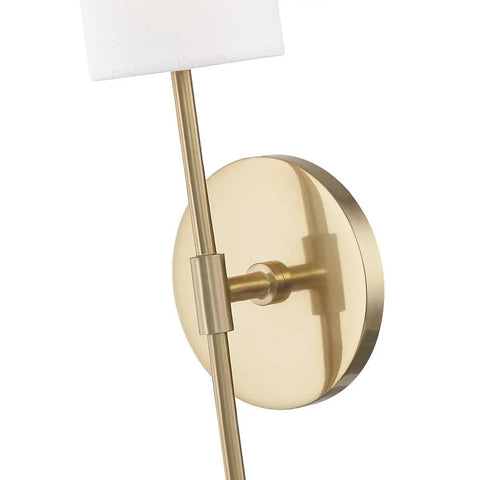 Close-up of Olivia Wall Sconce in aged brass, 4.75 inch wide by 18.75 inch high, modern rustic lighting fixture