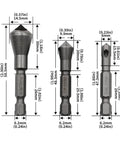 SOCOJE 3-piece chamfer bit set with 1/4in hex shanks; front view of three countersink deburring bits with diagrams.