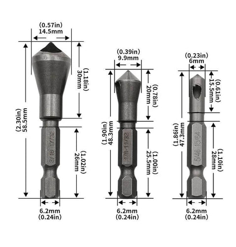 SOCOJE 3-piece chamfer bit set with 1/4in hex shanks; front view of three countersink deburring bits with diagrams.
