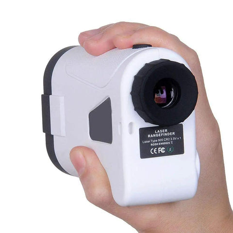 Heavy Duty Binocular Rangefinder With Built In Slope Correction Mode And Laser Distance Meter held in hand for easy use.