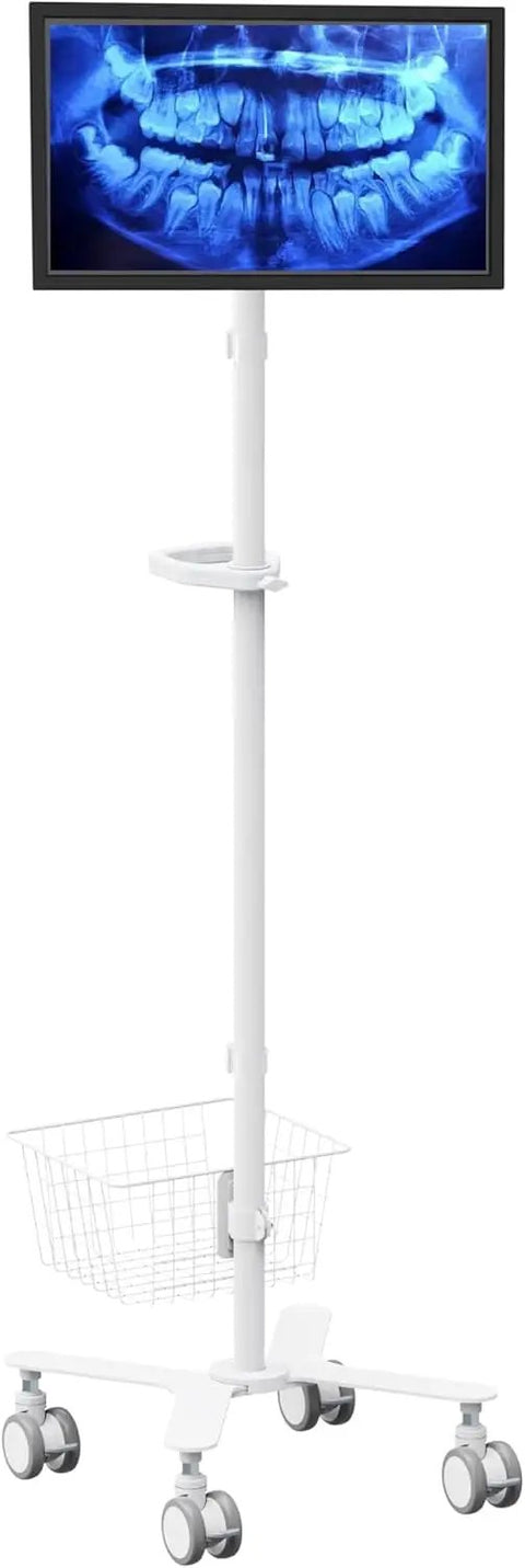 Height Adjustable Mobile Medical Monitor Cart On Wheels With Basket Storage, Supports 17 to 32 inch Monitors Up To 20 Lbs, Pneumatic Height Adjust