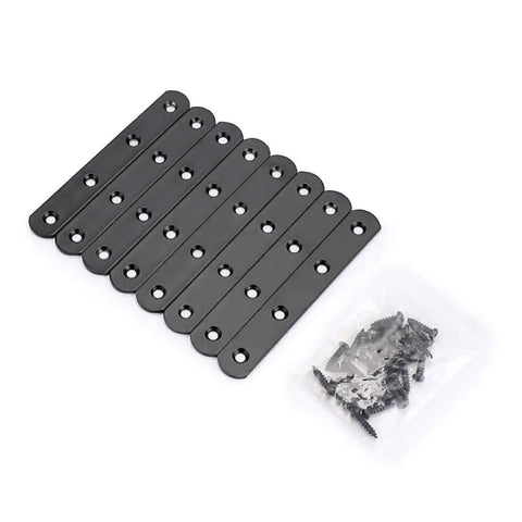 Built Tough Rugged Stainless Steel Flat Plates Straight Corner Braces Heavy Duty Furniture Repair Connectors With Screws for Table Desk Reinforcement Fast Setup Matte Black eight piece set with screws displayed.