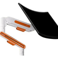 Premium Ergonomic Desk Mount Adjustable Monitor Stand With Fluid Smooth 360 Swivel Arm Fits 13 To 32 Inch Lcd Screen No Stress Easy Install angle view of white and orange arm holding a black monitor.