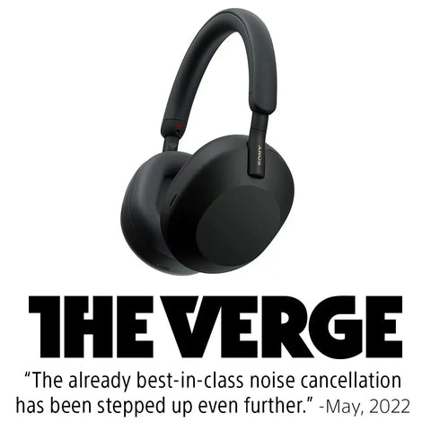 Black WH-1000XM5 Premium Noise Canceling Headphones With Auto NC Optimizer, over-ear design, reviewed by The Verge, May 2022.