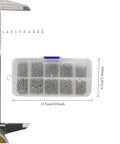 Hex Bolts And Miniature Self-Tapping Screws Set, 600/1200 Piece Kit With Crosshead Screws in organized plastic box with measurements.