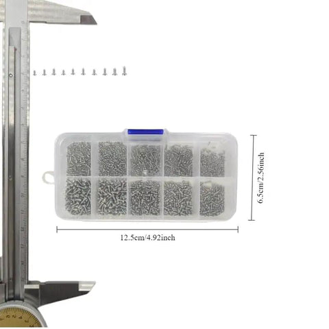 Hex Bolts And Miniature Self-Tapping Screws Set, 600/1200 Piece Kit With Crosshead Screws in organized plastic box with measurements.