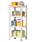 Rugged Workhorse Garage Storage Shelving Unit With Five Thousand Pounds Hefty Load Capacity featuring four tier adjustable steel racks filled with bins.