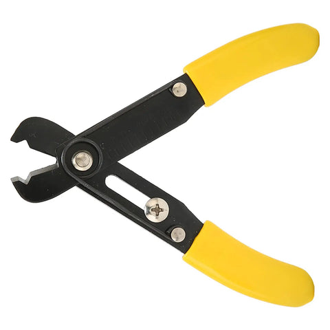 No Fuss Wire Strippers With A Comfort Rubberized Handle And High Precision Single Hole Cutter for copper wire cables, close-up view.