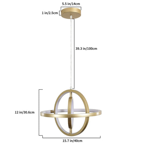 Gold Modern LED Chandelier With Remote Control Dimmable 3000K To 6000K Height Adjustable 39.3 Inch Pendant with dimensions shown