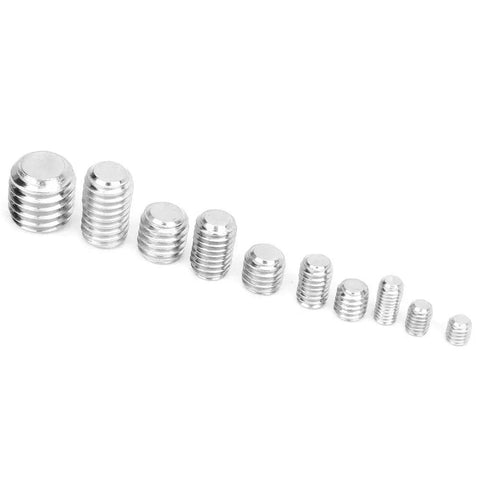 300 Pcs Stainless Steel Set Screws Kit With Hex Socket Headless Fasteners arranged by size