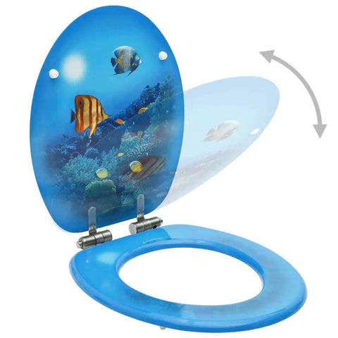 Top Shelf Soft Close Toilet Seat Pair Built Different With Dense MDF Boards And Deep Sea Pattern, blue with fish design, 42.5cm length