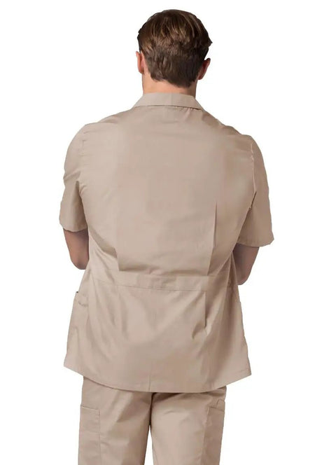 Back view of Top Tier Mens Scrub Jacket With Zip Front And Legit Pen Pocket Hella Comfy Khaki, tailored fit for healthcare use.