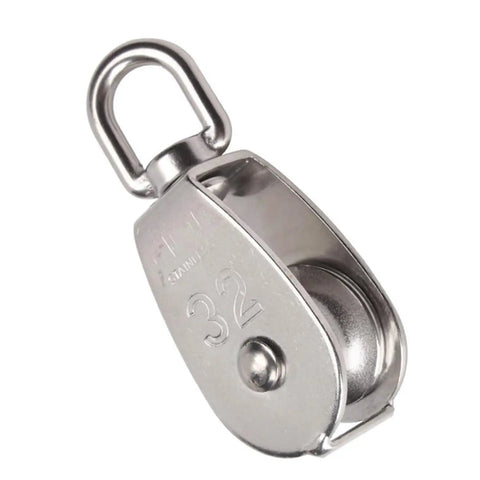 Close-up of single stainless steel pulley from Two Pack M32 Stainless Steel Swivel Pulley Block With Carabiners, 250kg capacity