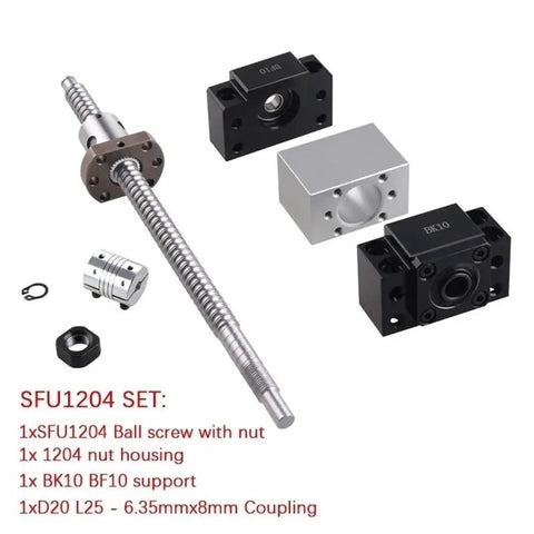 12Mm SFU1204 Ball Screw Kit With Solid Steel Construction And BK10 BF10 Bearing Supports For Smooth CNC Precision Machining and High Speed Drilling Projects, components laid out.