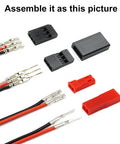 Components of 55 Sets Servo Plug Male and Female Connectors with Crimp Pins Cable Kit for RC Gear, showing black and red connectors.