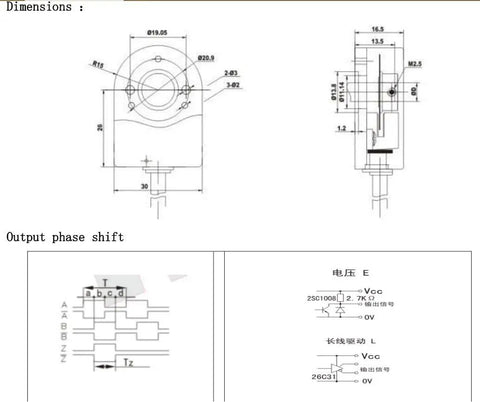 Dimensions and wiring diagram for Two Phase AB Incremental Rotary Encoder Kit With 30mm Disk And 6mm Shaft Side Cable Voltage Output