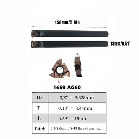 Pro Grade Threading Tool Bit Set with External and Internal Threading Boring Bars, 16ER IR AG60 Carbide Inserts for Stainless Steel.