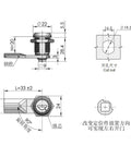 Technical drawing of a Mini Cam Lock For Drawers And Mailboxes, Silver Chrome Cylinder Lock with measurements and specifications.