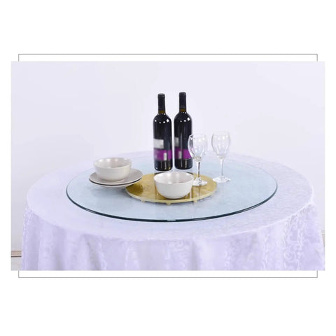 Clear Glass Lazy Susan Turntable For Dining Tables And Kitchens with dishes and wine, round rotating tray, easy clean.