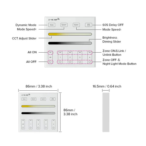 Wireless 2 4G RF 4 Zone Single Color Wall Mounted Smart Panel Remote diagram with dimensions and labeled controls.
