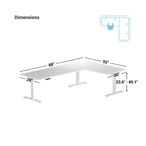 Dimensions of Game Changer Electric Lift L Shaped Standing Desk 88 Inch Wide, height adjustable with sturdy steel base.