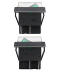 DPST Rocker Switch With Waterproof Cover, On Off 4 Pin, Green LED, Beefy Snap In Power Switch For Cars, Boats, And Home Gear, Weather Ready, UL Recognized VDE Certified, 2 Pack, front and rear views