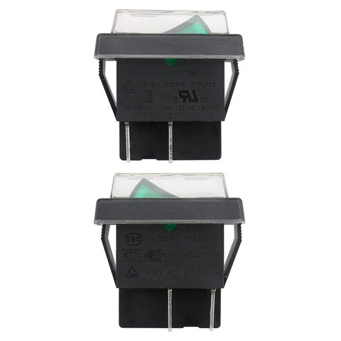 DPST Rocker Switch With Waterproof Cover, On Off 4 Pin, Green LED, Beefy Snap In Power Switch For Cars, Boats, And Home Gear, Weather Ready, UL Recognized VDE Certified, 2 Pack, front and rear views