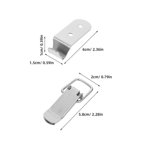 Heavy Duty Four Pack Stainless Steel Spring Loaded Toggle Catches With Flat Mouth Design For Secure Toolbox Latches And Cabinet Locks That Hold Tight All Day Long, showing dimensions and design details.