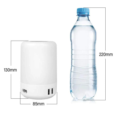 Touch Night Light Table Lamp With 4 USB Ports beside a 220mm water bottle for size comparison