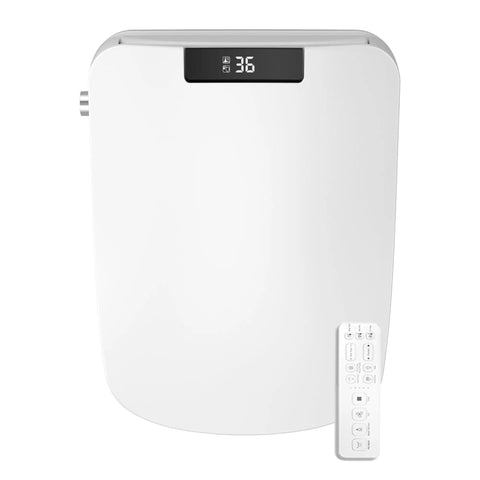 Auto Lift Square Smart Heated Bidet Seat With Electronic Display Warm Water Spray Gentle Hygiene Game Changer No Fuss Bathroom Upgrade Fits Standard Toilets, showing white heated seat and remote control.
